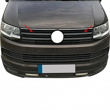 Nerezové zrkadlovo čierne horné lišty prednej masky Omtec pre VW T6 Highline 2015–2019 – 2 ks Nerezové zrkadlovo čierne horné lišty prednej masky Omtec pre VW T6 Highline 2015–2019 – 2 ks