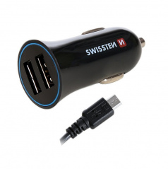 Zástrčka SWISSTEN s 2x USB výstupom 2,4 A, 12 / 24V s káblom microUSB, 44056