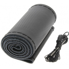 Poťah na volant kožený čierny, čierny šev pre priemer 37-39 cm