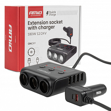 Rozbočovač zásuvky zapaľovača s nabíjačkou 4xUSB-A QC3.0 PD 3.0 180 W Rozbočovač zásuvky zapaľovača s nabíjačkou 4xUSB-A QC3.0 PD 3.0 180 W