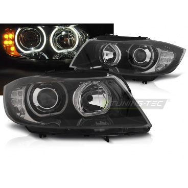 BMW E90, E91 03.2005-2011 predné číre svetlá Angel Eyes LED black indicator (LPBMJ1)