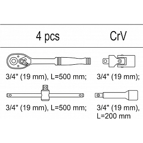 Vložka do zásuvky - sada ráčen a nástavců, 3/4", 4ks