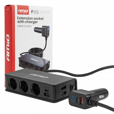 Rozdeľovač zásuvky zapaľovača s nabíjačkou 3xUSB-A USB-C QC 3.0 PD 3.0. 148W Rozdeľovač zásuvky zapaľovača s nabíjačkou 3xUSB-A USB-C QC 3.0 PD 3.0. 148W