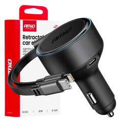 Autonabíjačka s navíjacím káblom typ C + lightning iPhone + USB-C 12V 24V 60W AMIO-04370